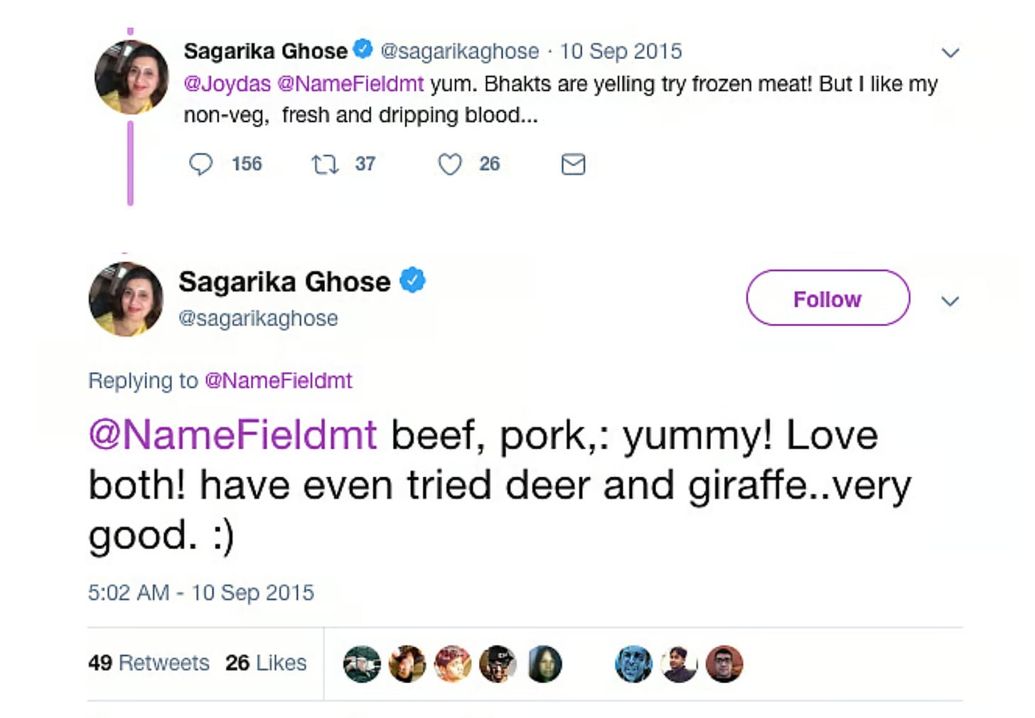 Screenshot of a 2015 Twitter exchange by a verified account on meat eating, teasing 'bhakts' and praising beef, pork, deer and giraffe; used to illustrate claims of provocative left-liberal rhetoric.