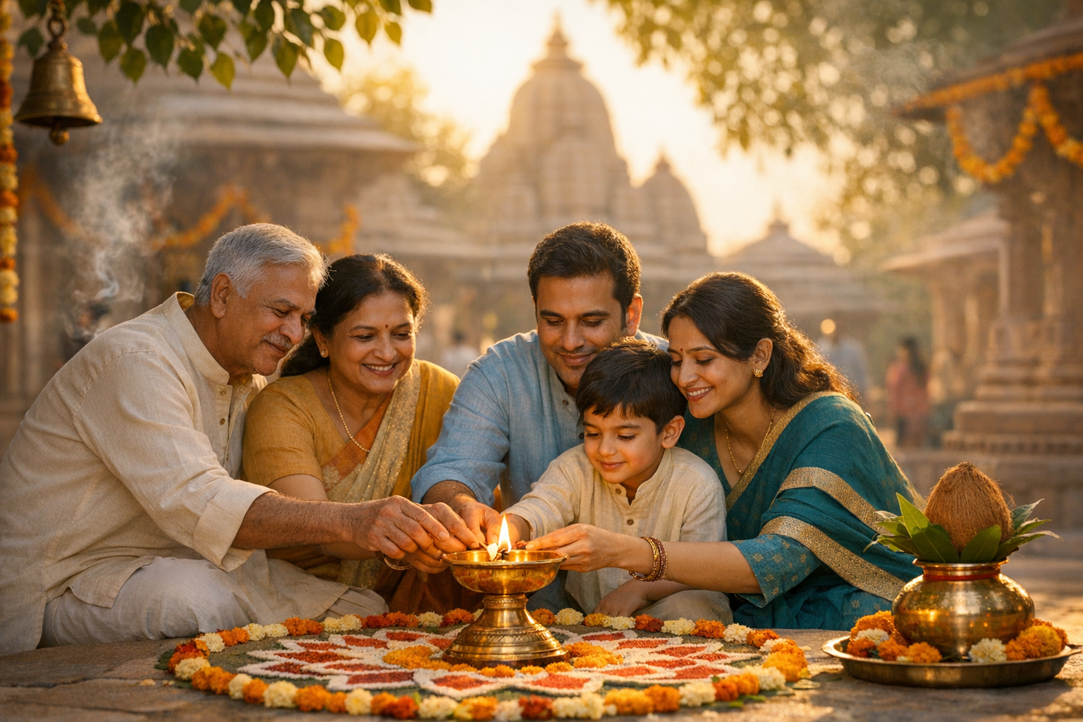 Multi-generational family in a temple courtyard at dusk, smiling as they light a brass oil lamp beside a colorful flower rangoli; marigold garlands and a kalash frame the warm, festive scene.