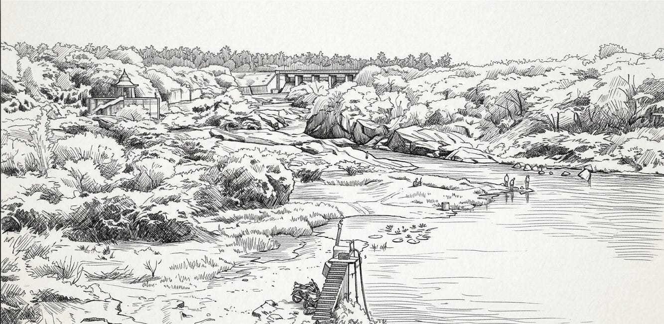 Pen-and-ink view of a quiet river with rocky banks, a stepped ghat with hand pump and motorbike, small shrine at left, and a low bridge; scene recalling the Haridra Bridge and Vijayanagara heritage.