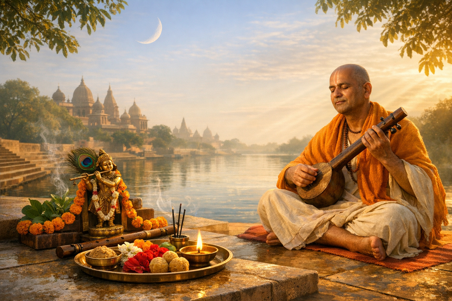 Sunrise riverbank scene where a musician in saffron robes plays a lute beside a garlanded Krishna statue, incense, diya lamp, and prasad; temple spires and a crescent moon frame this devotional scene.
