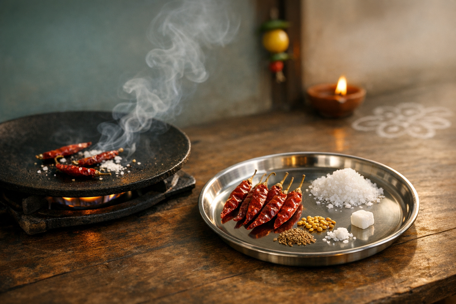 Cast-iron tawa roasts dried red chilies with coarse salt, smoke rising, beside a steel tray holding cumin, mustard, rock salt and a sugar cube in a rustic Indian kitchen for tadka and masala.
