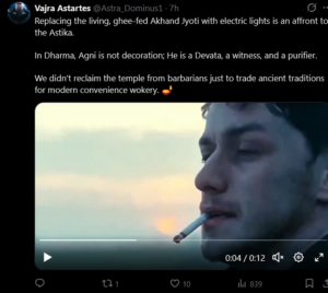 Screenshot of a tweet condemning the replacement of the ghee-fed Akhand Jyoti with electric lights at Ayodhya's Shri Ram Janmabhoomi Mandir in India, with an embedded video still of a person smoking against a sunset sea.