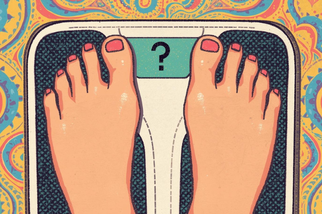 Illustrated feet on a bathroom scale with a question mark where numbers should be, set against a colorful patterned background; points to weight, size, health, fitness, strength, and self-worth.