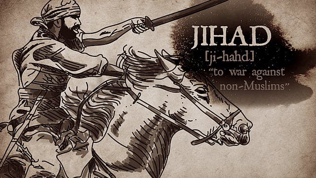 Sepia illustration of a mounted warrior raising a sword, with the word 'JIHAD' and a disputed definition beside him; artwork for a post contrasting Yuddha Dharma and Jihad.