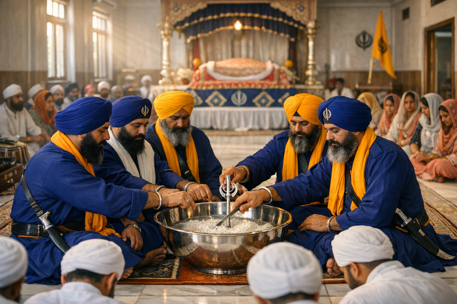 In a gurdwara hall, five participants in blue with saffron scarves stir liquid in a large steel bowl using a Khanda, while the congregation sits behind near an ornate canopy and flag.