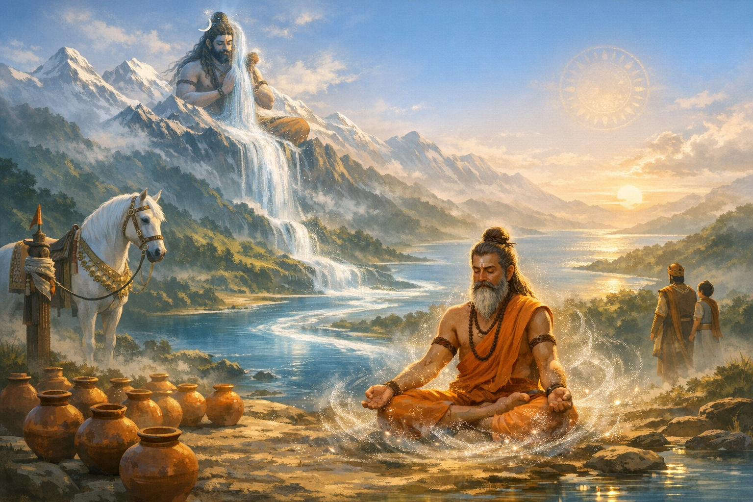 Illustration of a sage meditating by a Himalayan river as a colossal Shiva channels the Ganga from his hair; sunset glow, aligned clay pots and a white horse frame a serene, mythic Indian landscape.