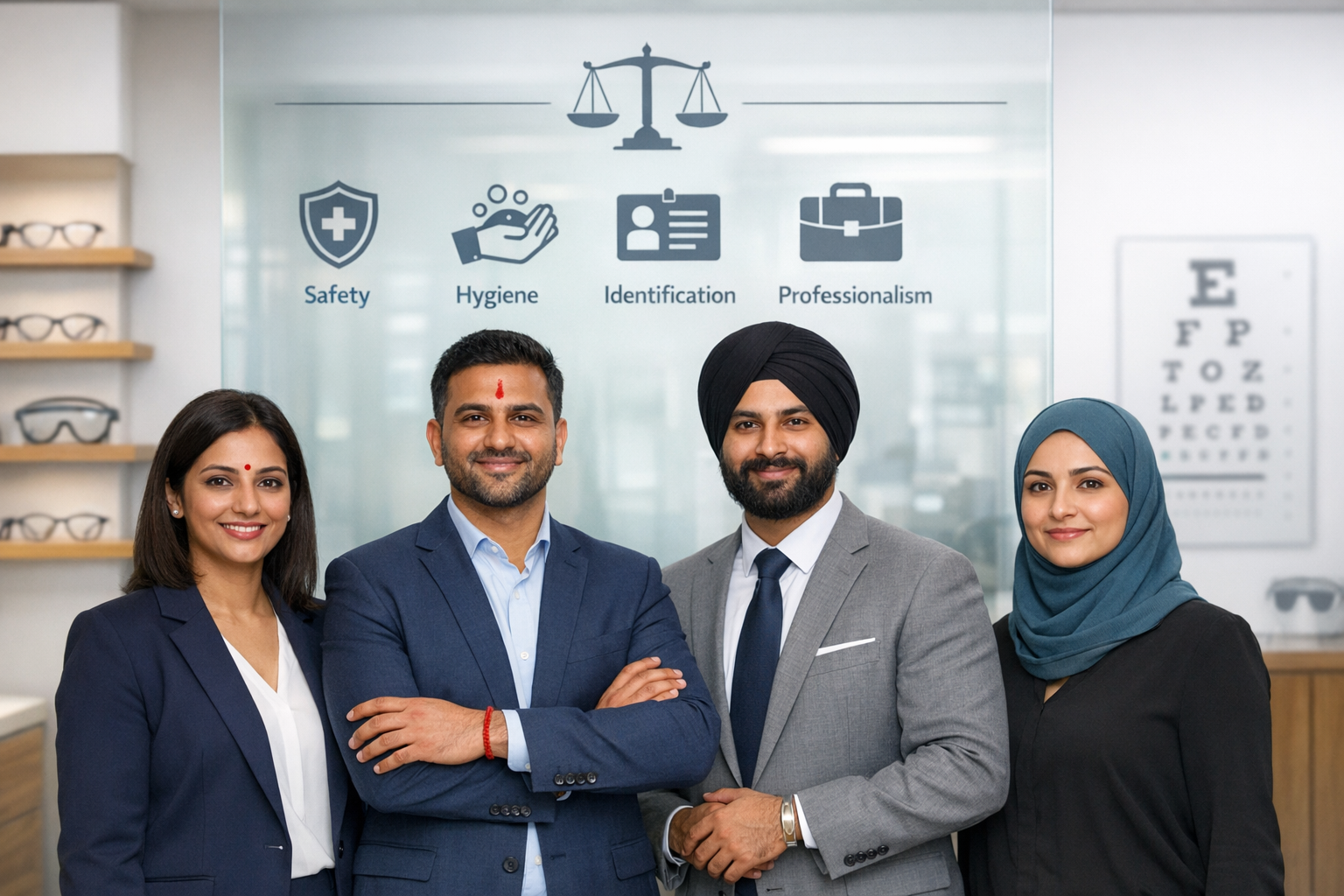 Four business professionals in an optometry clinic pose before icons labeled Safety, Hygiene, Identification, and Professionalism, with eyeglass shelves and a Snellen eye chart in view.