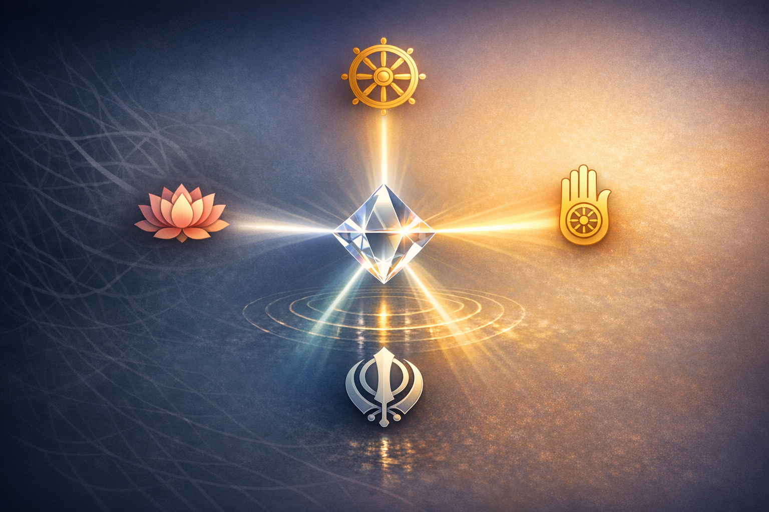 Radiant prism at center casts beams to four faith symbols—Buddhist dharma wheel, Jain ahimsa hand, lotus blossom, and Sikh khanda—on a blue-gold gradient, evoking interfaith unity.