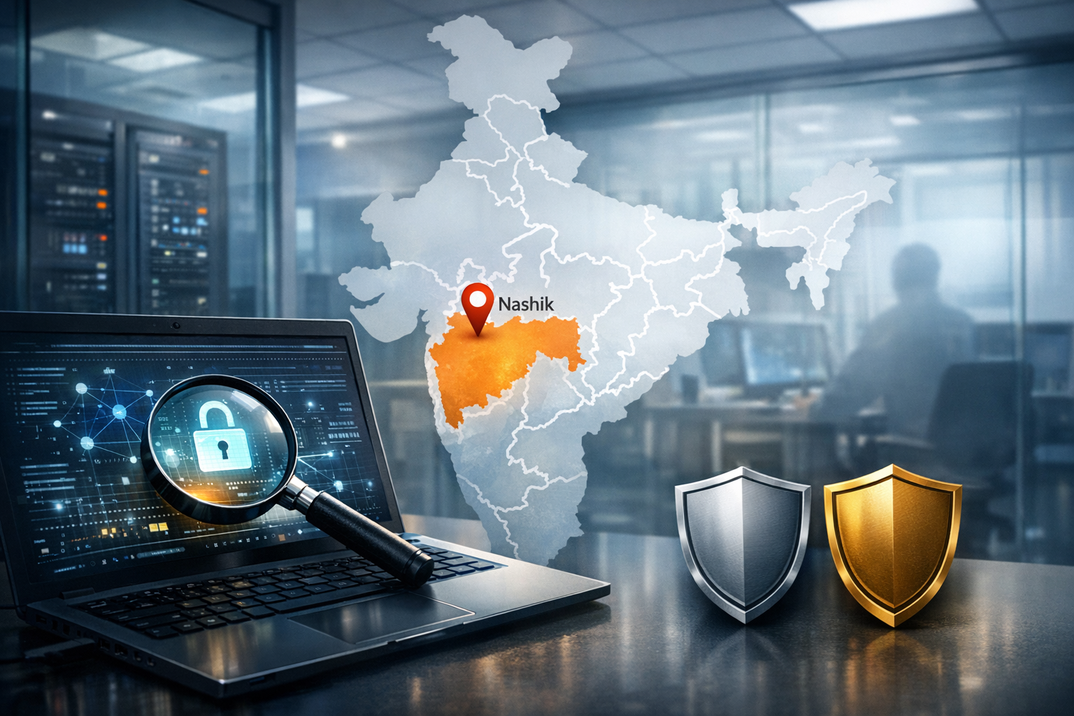 Laptop with a digital padlock under a magnifying glass next to a map of India marking Nashik; server racks and silver and gold shields symbolize cybersecurity, data protection, and network security.