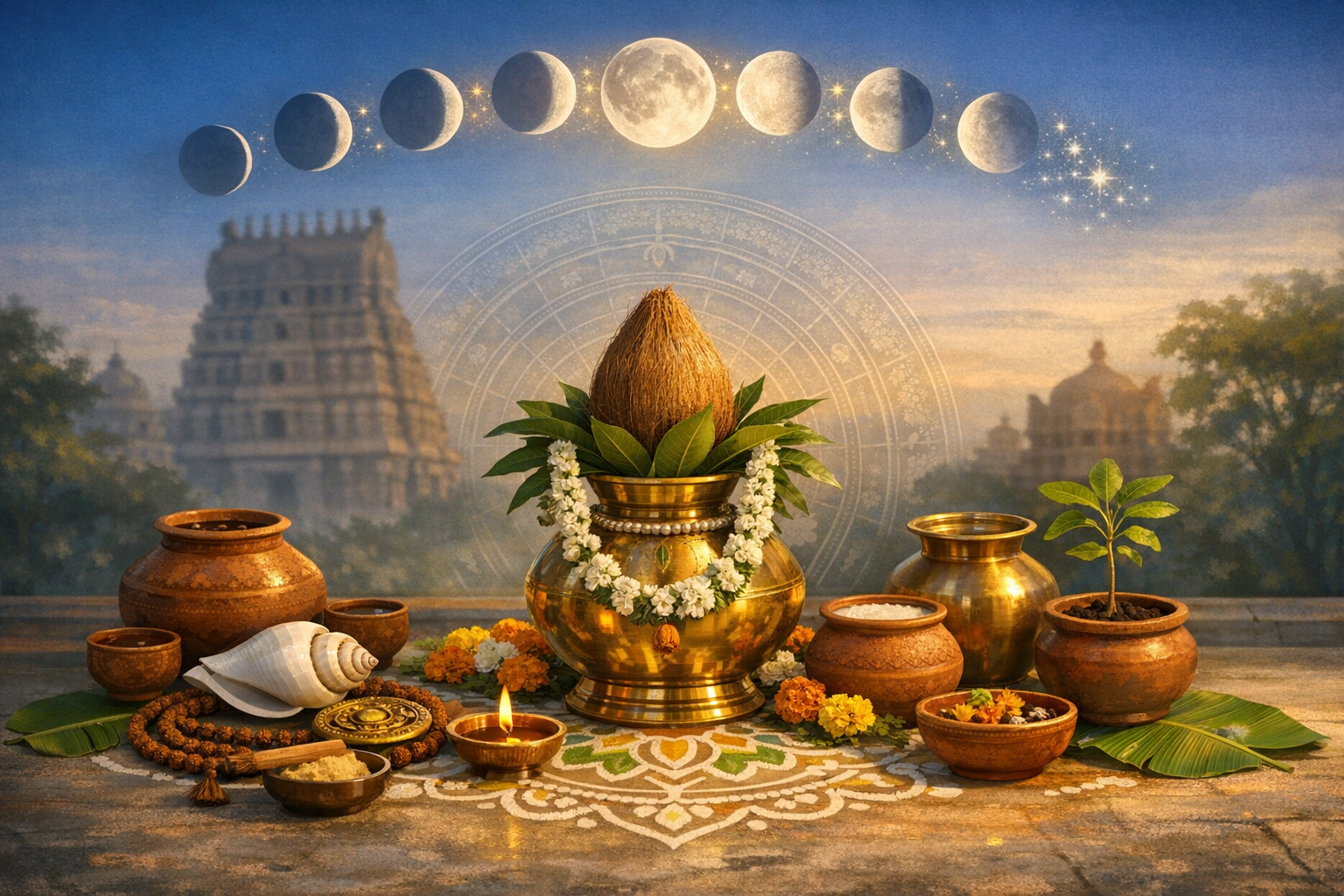 Brass kalash with coconut, mango leaves, and jasmine garland amid diyas, conch, rudraksha beads, rice bowls, and rangoli, set before a temple backdrop beneath lunar phases and Vedic astrology icons.