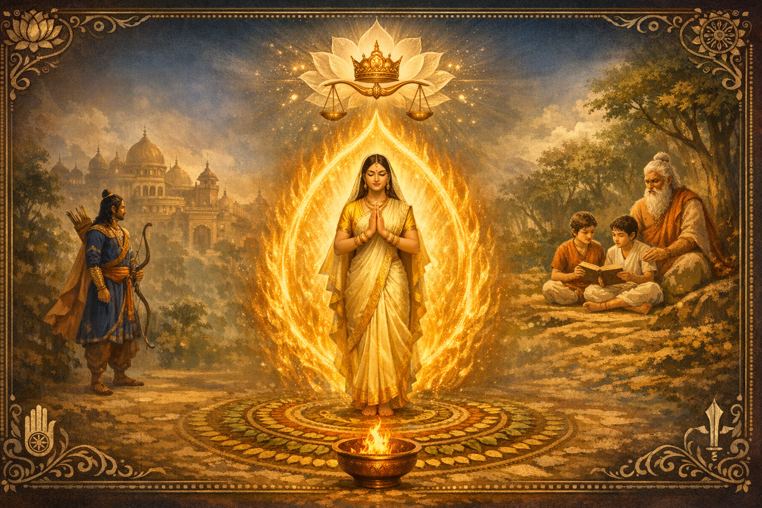 Ramayana scene: Sita in a golden sari stands within a fiery halo on a mandala. A bow‑armed prince watches, while a guru teaches two boys. A lotus with scales above symbolizes dharma and justice.