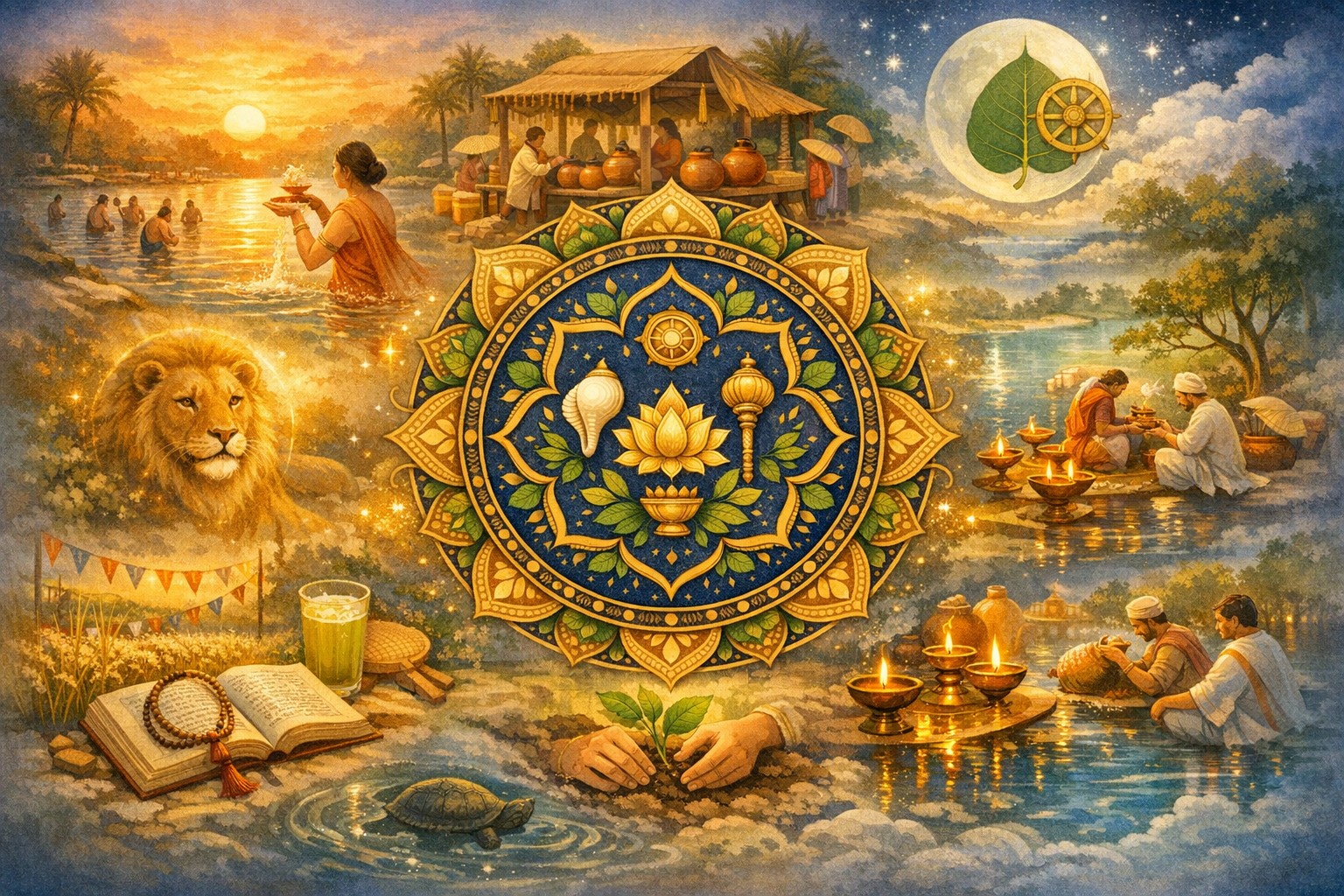 Golden mandala with lotus, conch, wheel and mace amid river rites, floating diyas, market stall, moon, lion, turtle and a sapling—Indian culture, spirituality, {post.categories}