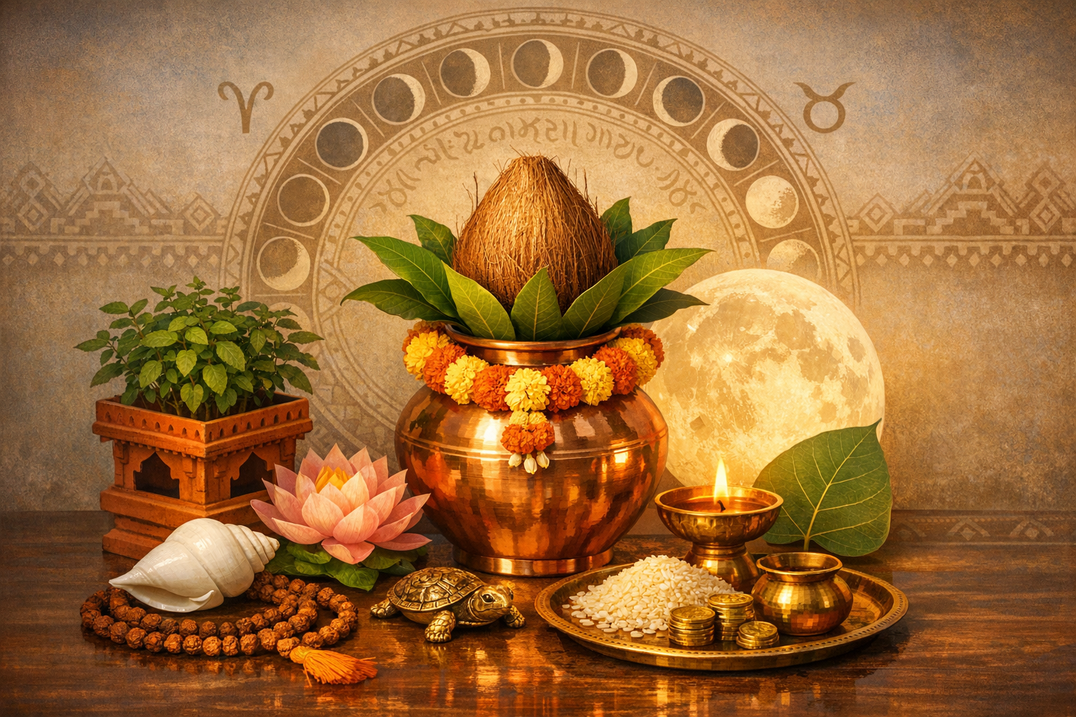 Festive Hindu puja setup with copper kalash, coconut, marigold garland, tulsi plant, diya, lotus, rice and coins before a lunar zodiac backdrop, symbolizing prosperity and {post.categories} rituals.