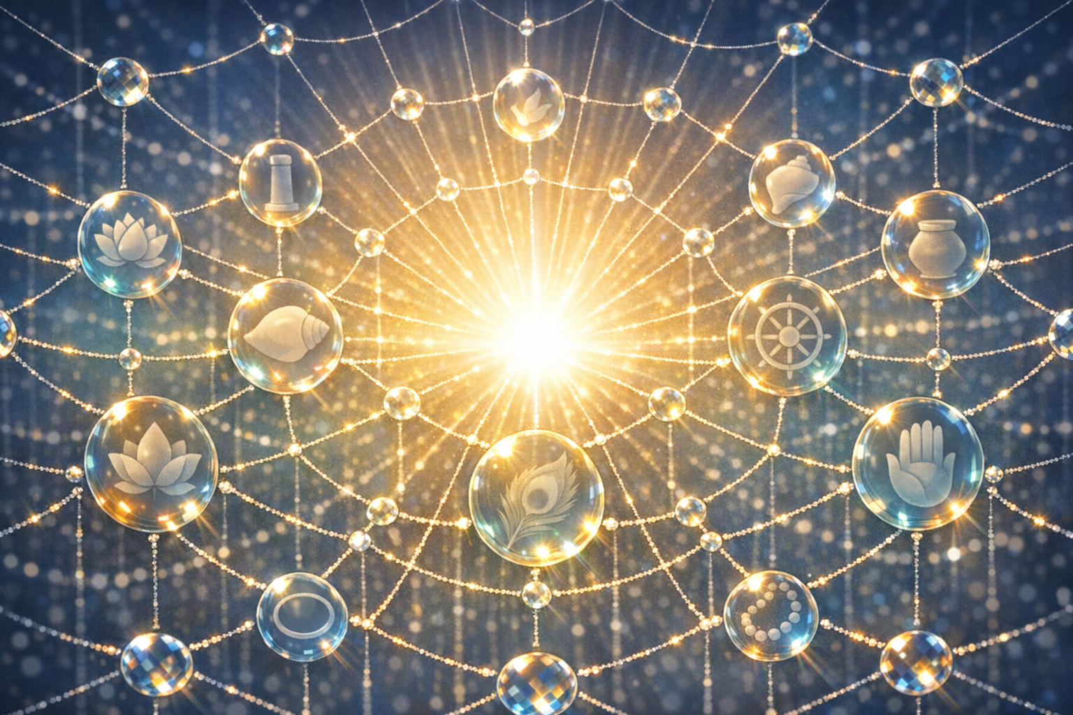 Radiant lattice of beaded threads holds glass orbs etched with sacred symbols—lotus, conch shell, dharma wheel, peacock feather—forming a linked mandala of spirituality, meditation, and mindfulness.