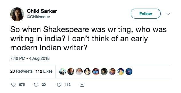 Screenshot of a tweet asking who in India was writing when Shakespeare was active, noting the author can't think of an early modern Indian writer; used in a post on deracinated Hindu psyche.
