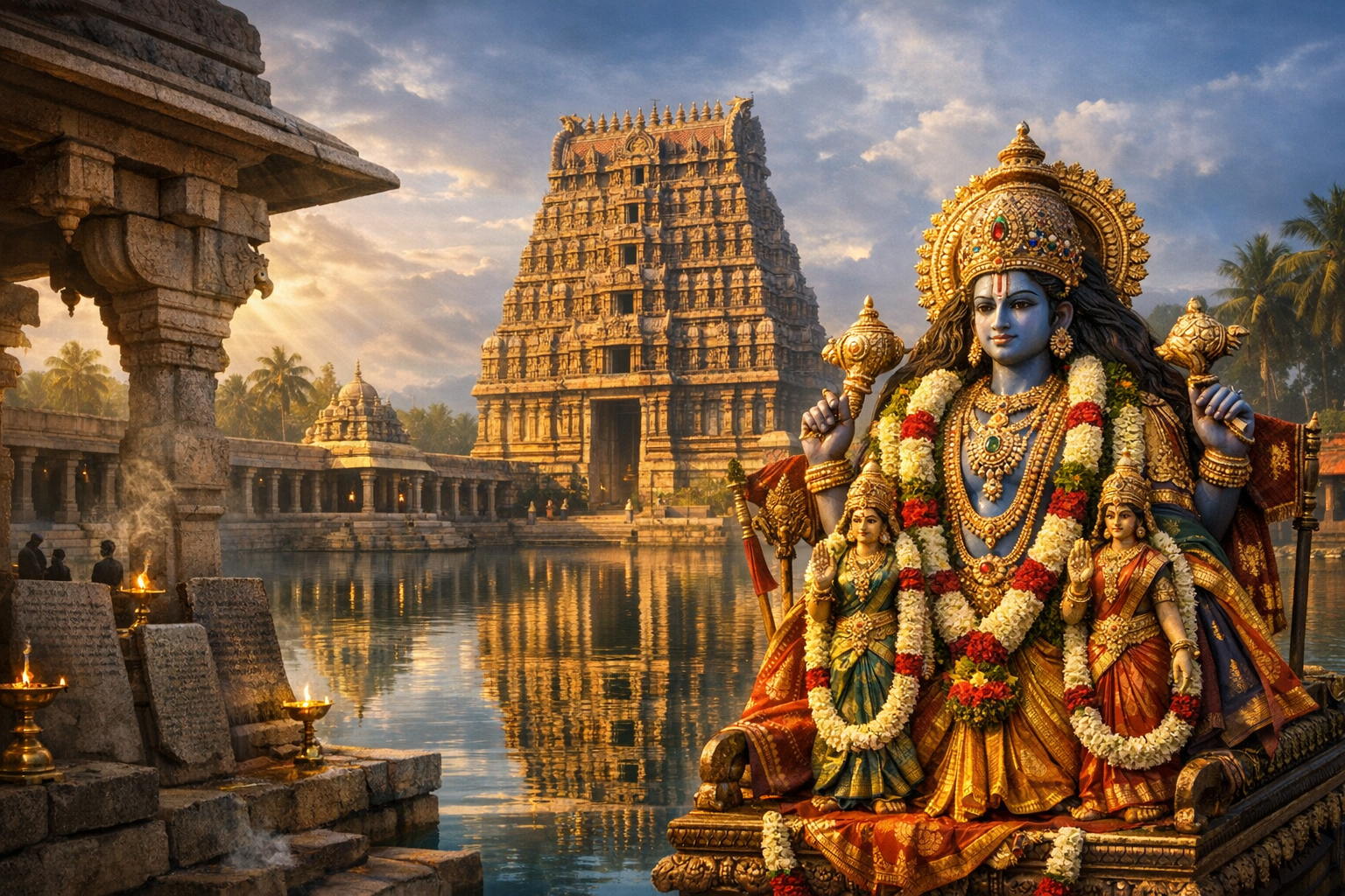 Golden-hour view of a South Indian Hindu temple with a tall Dravidian gopuram mirrored in a temple tank, beside a garlanded statue of a blue-skinned deity with consorts, lamps and stone pillars.