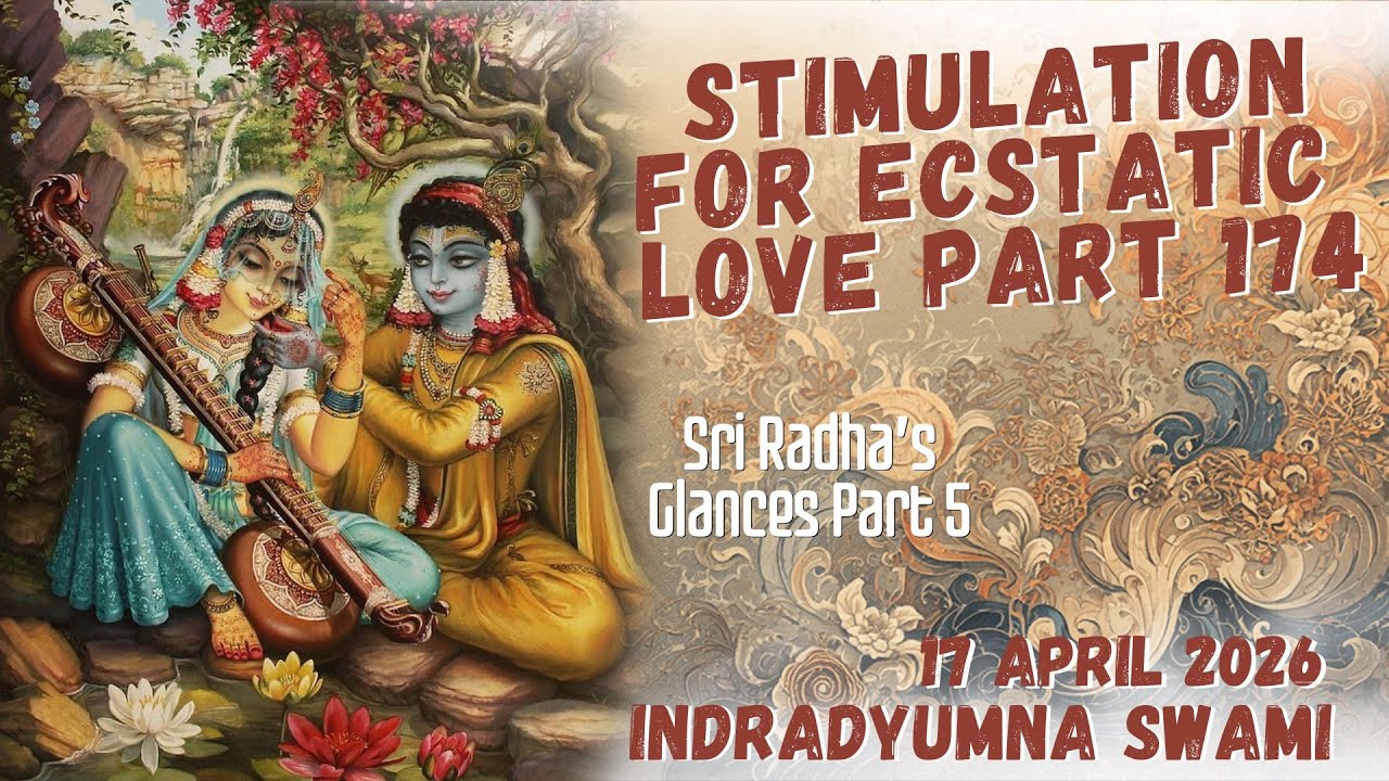 Devotional poster showing Radha and Krishna by a lotus pond; Radha plays veena beside Krishna with a peacock feather. Stimulation for Ecstatic Love Part 174—Sri Radha’s Glances Part 5, testing.