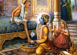 Traditional Indian painting of a blue-skinned deity washing a humble guest's feet, as a woman offers a tray in a palace setting, symbolizing service and prosperity for Akshaya Tritiya; SEO testing.