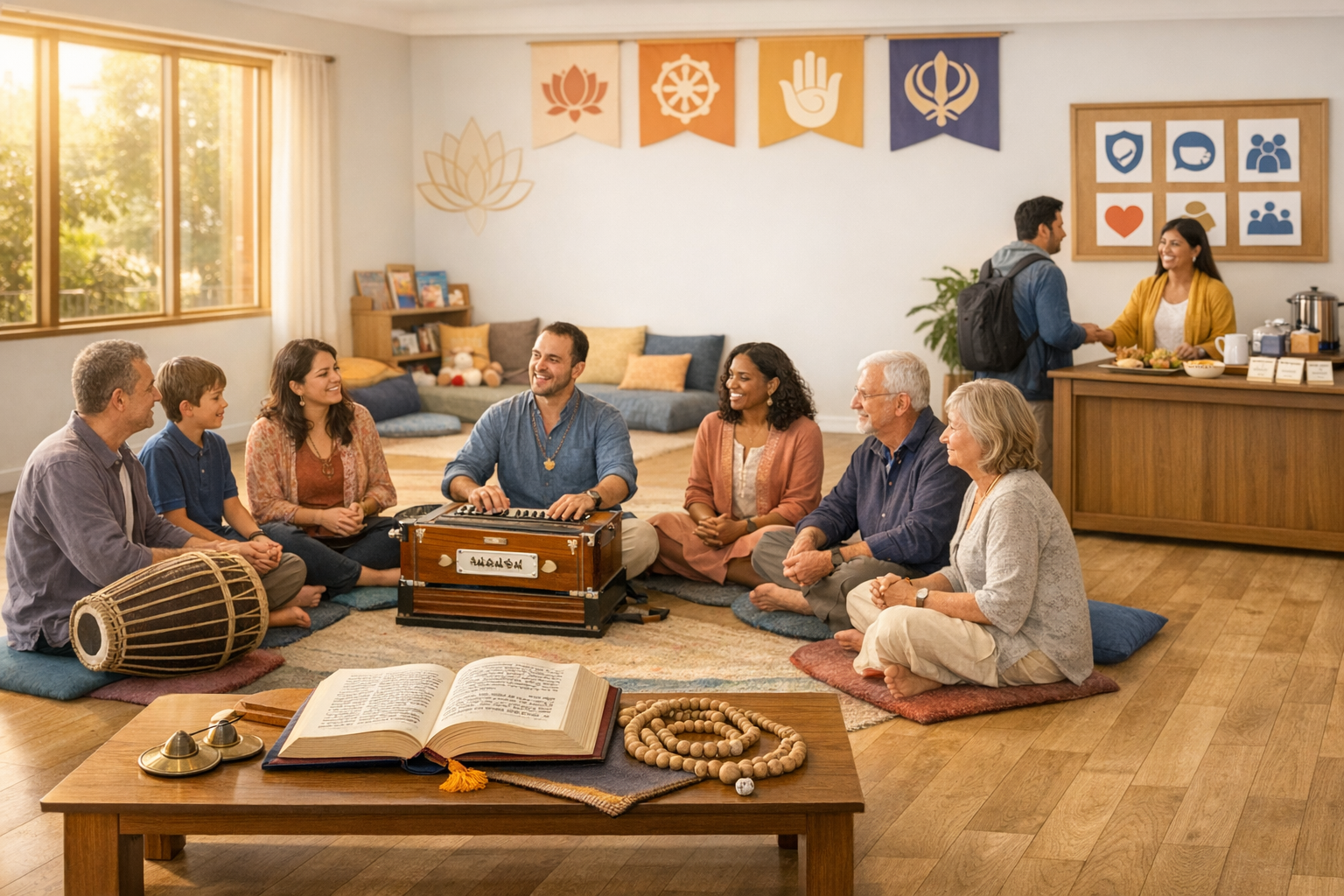 Diverse group sits on floor cushions in a bright community room, chanting with harmonium and hand drum. An open book and prayer beads on a low table; banners with spiritual symbols; tea station nearby.