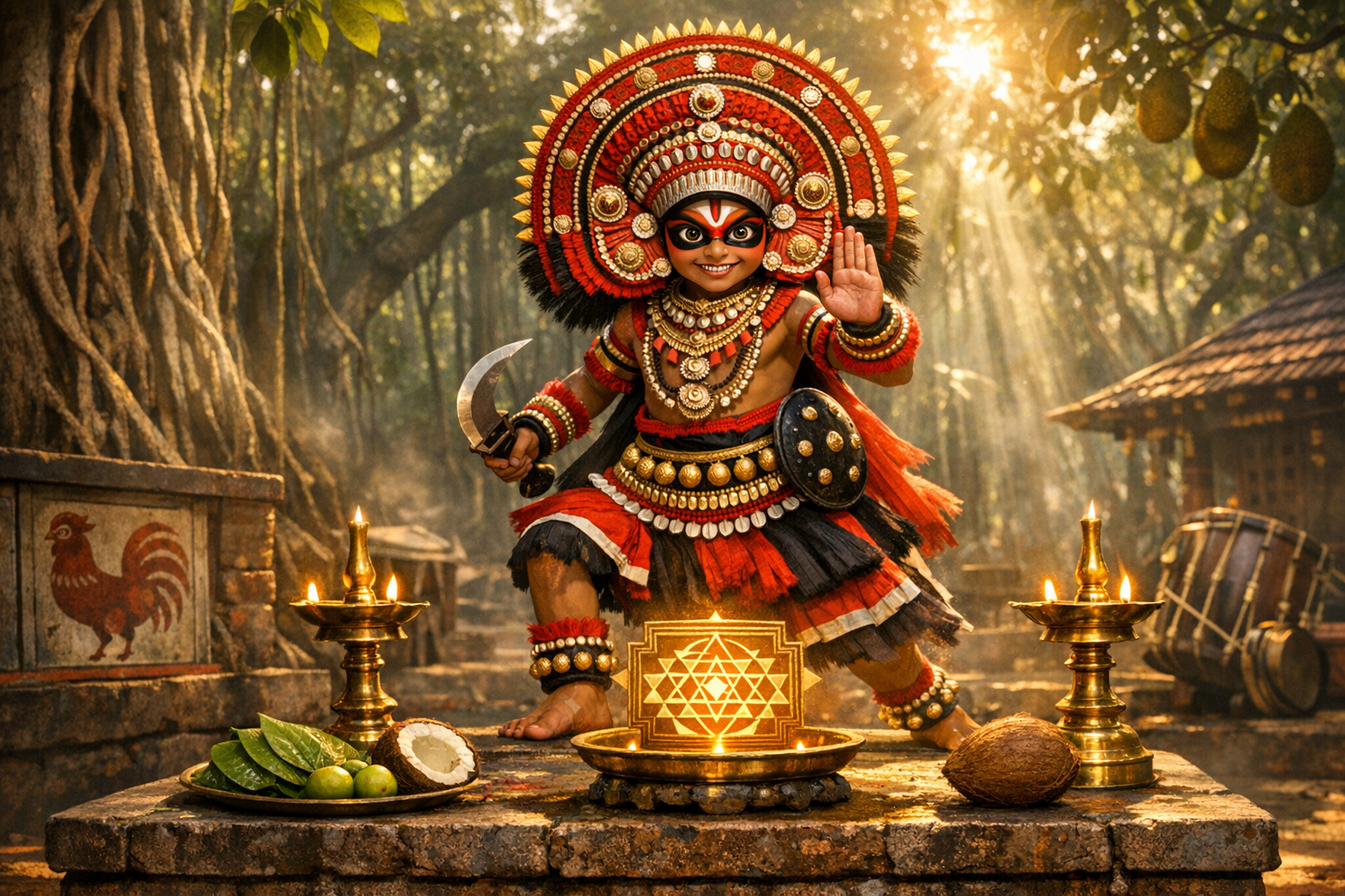 Young Theyyam ritual dancer in vibrant red-black costume and ornate headgear performing in a Kerala sacred grove, surrounded by brass oil lamps, a glowing Sri Yantra, coconut and betel offerings, drums and a shrine.