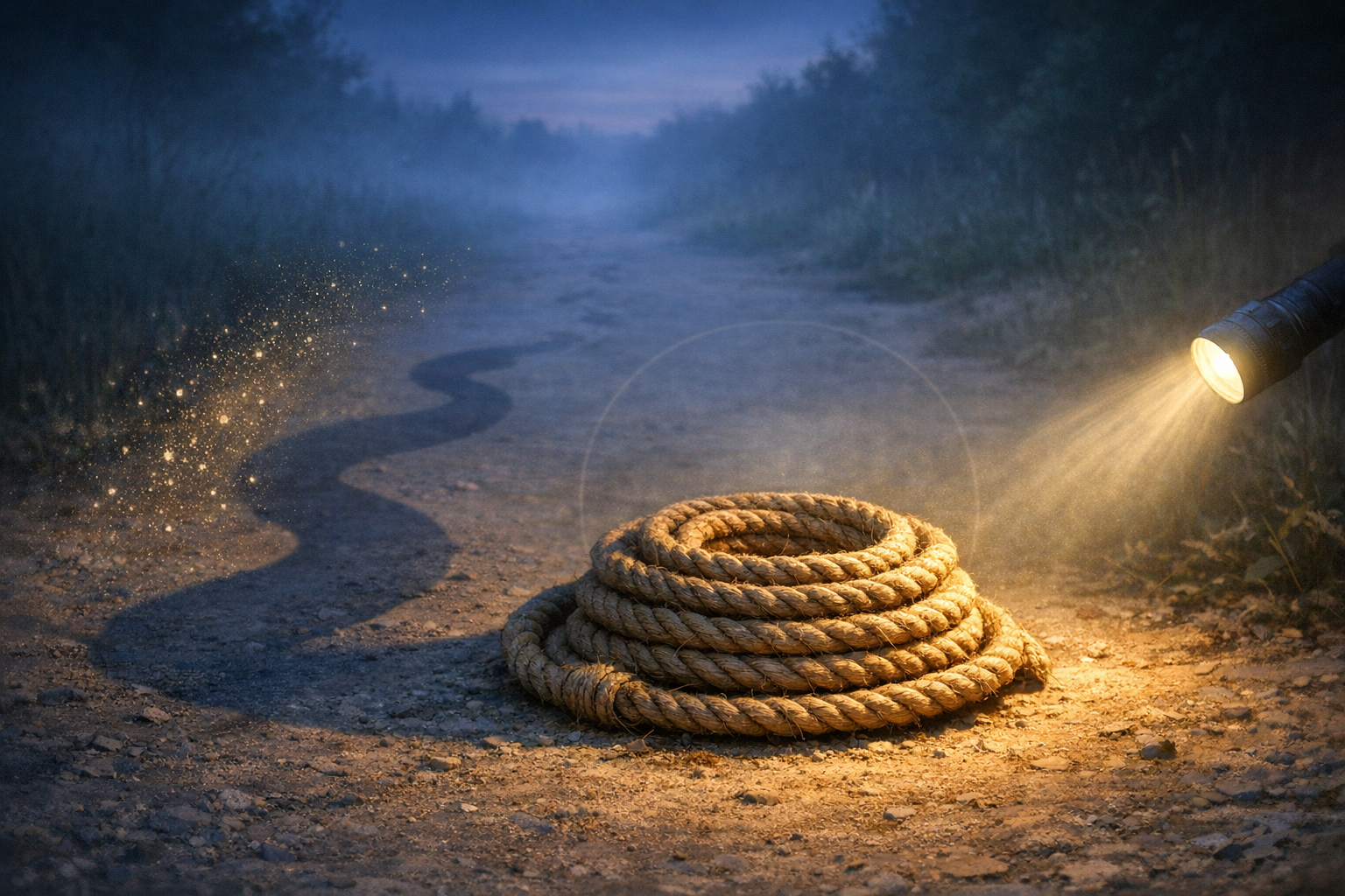 Coiled hemp rope lit by a flashlight on a gravel path at dusk, with a shimmering, snake-like dust trail leading into misty trees—concept image for {post.categories} insights.