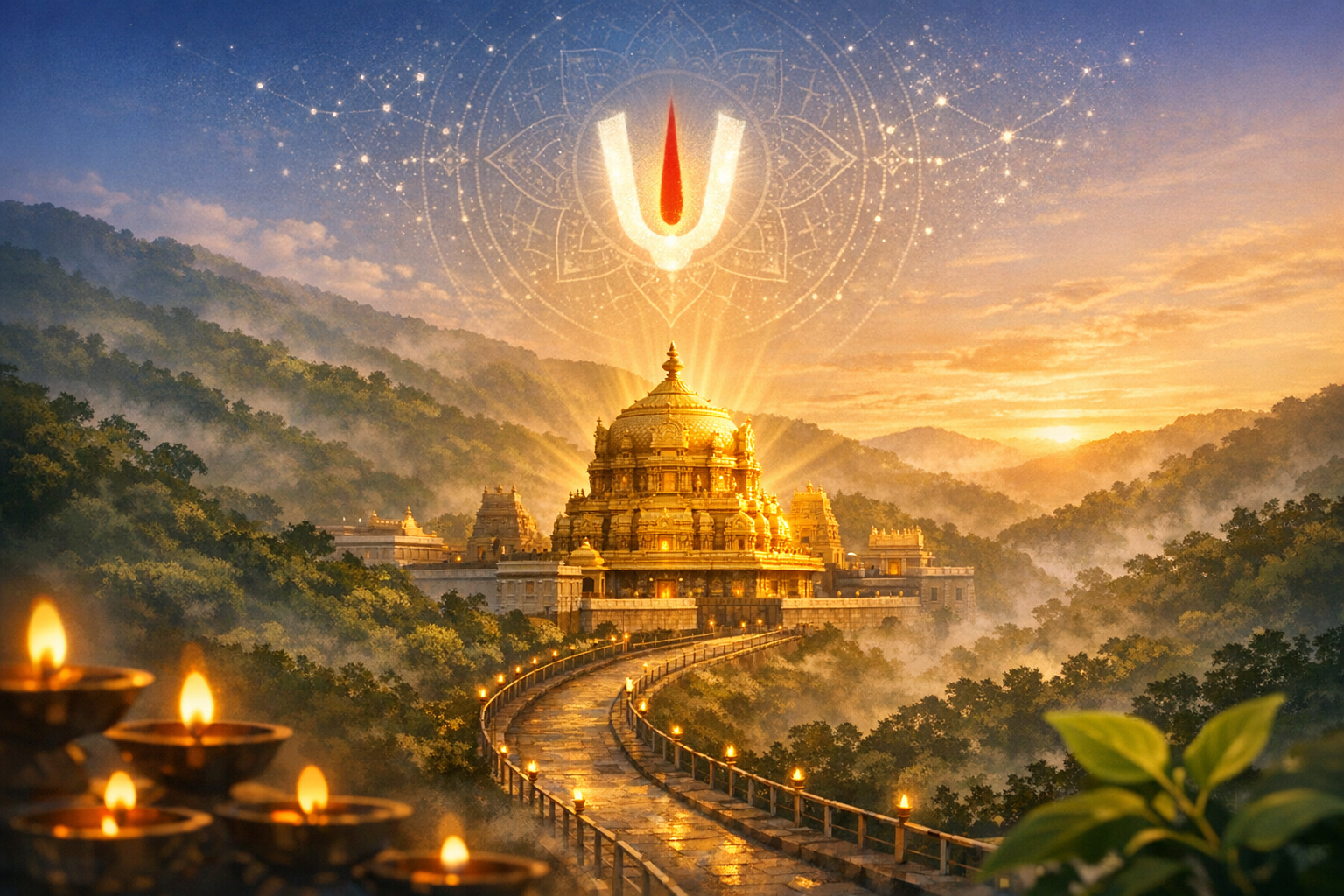 At sunrise, a gold-domed Hindu temple crowns misty forested hills. A curving, lamp-lit walkway and foreground oil lamps lead inward as a radiant Vaishnava tilak glows above; travel, culture, spirituality.