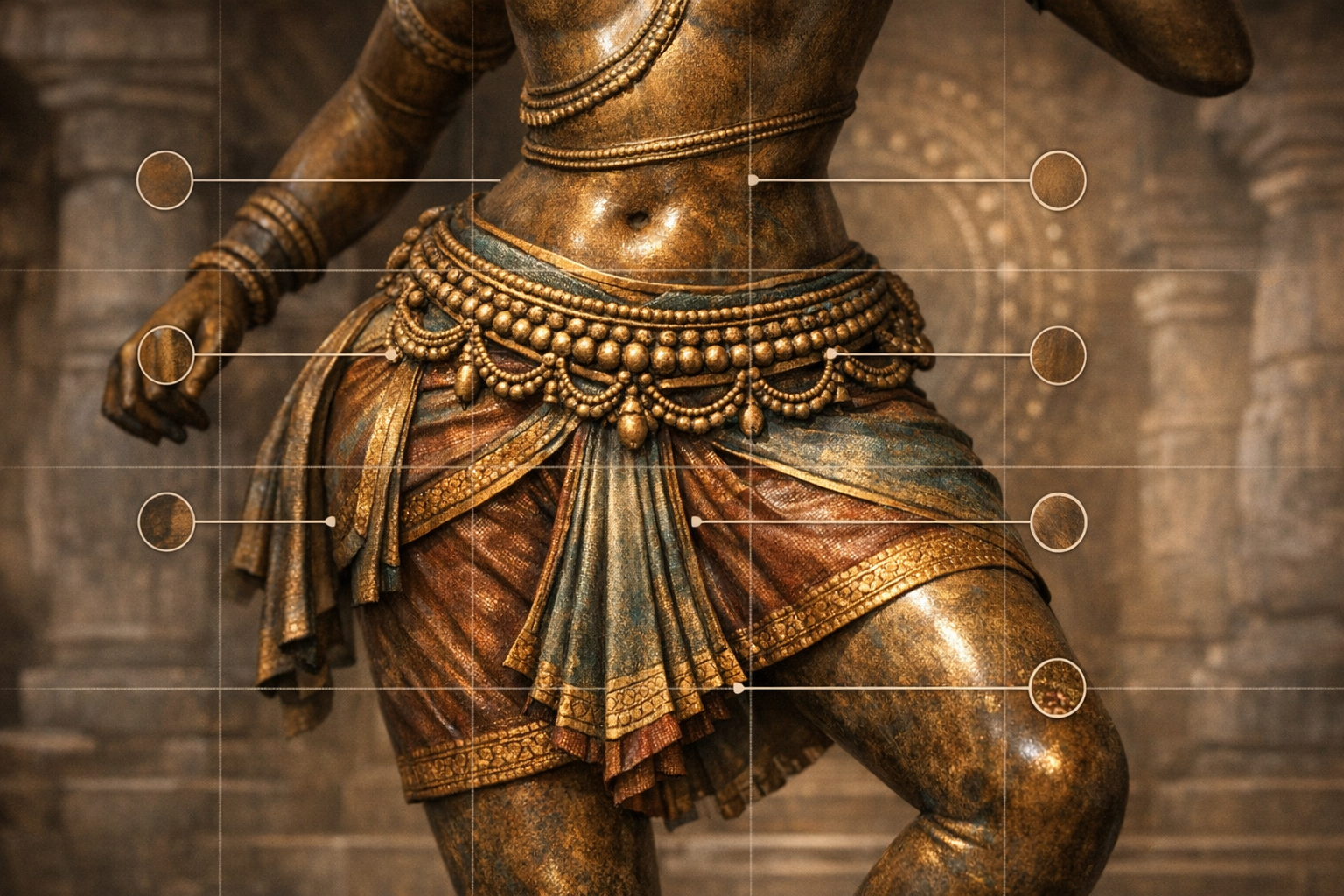 Close-up of a classical Indian bronze dancer statue, showing beaded waist belts and pleated drapery; annotation circles mark patina, gilded edges, and tooling in a temple-like setting.