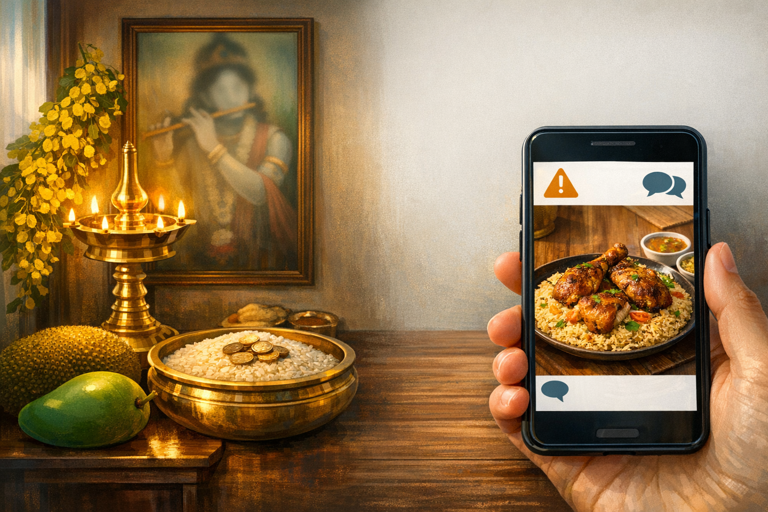 Vishu kani altar with a brass oil lamp, rice and coins in a uruli, mango, jackfruit, and a framed flute-playing deity, next to a hand holding a phone showing chicken biryani with a warning icon.