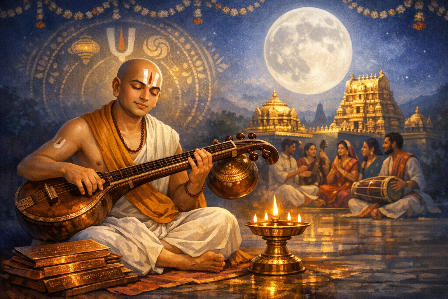 Devotional musician with a sacred forehead tilak plays a veena beside oil lamps and scriptures in a moonlit South Indian temple courtyard, as a bhajan group with mridangam sings near golden gopurams.
