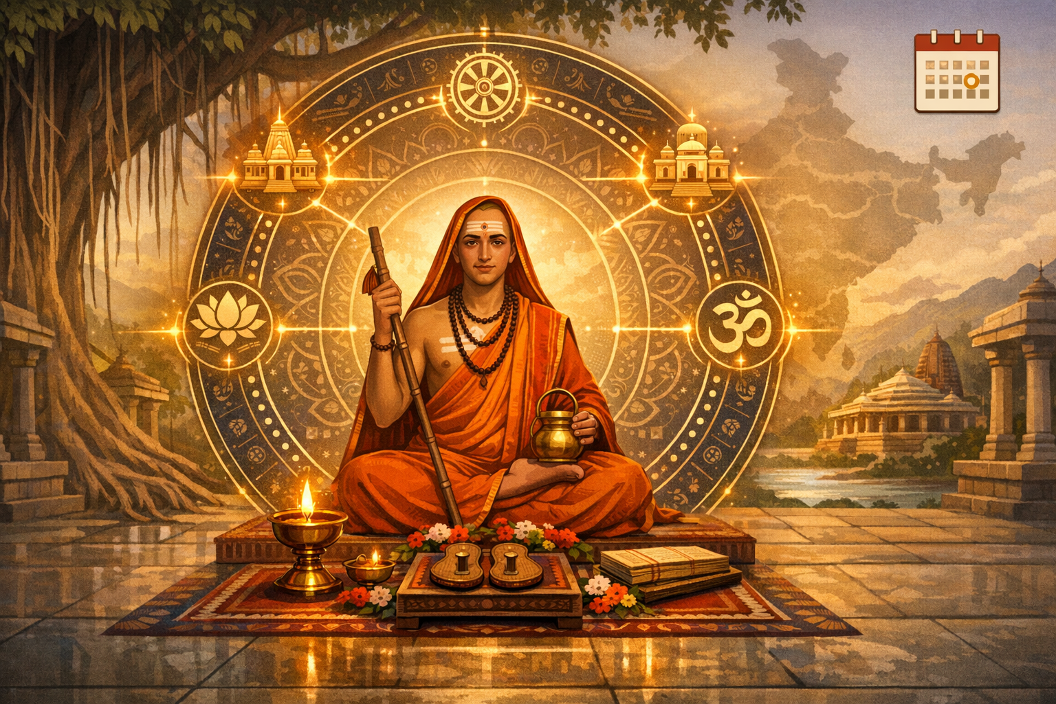 Illustration of a Hindu sage in saffron robes meditating before a glowing mandala, with Om, lotus and dharma wheel symbols, oil lamps, sandals, and scriptures; temples and India map in background.