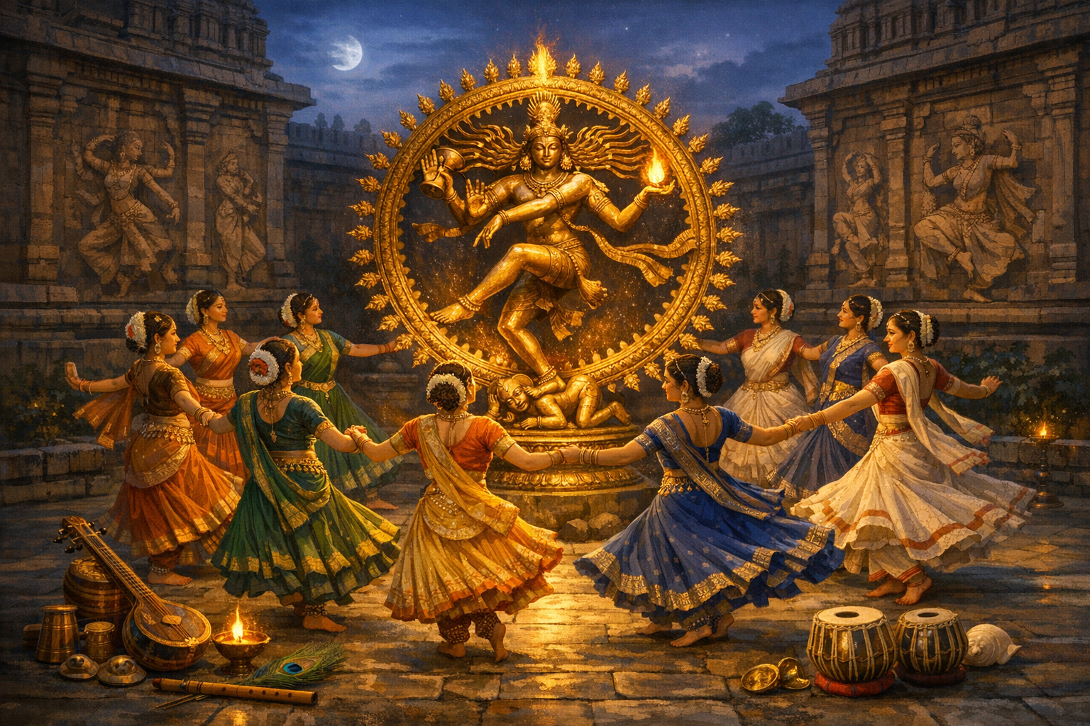 Bharatanatyam dancers in colorful saris circle a glowing golden Nataraja statue in a South Indian temple courtyard at night, lit by lamps and moonlight, with veena, flute, and tabla in the foreground.