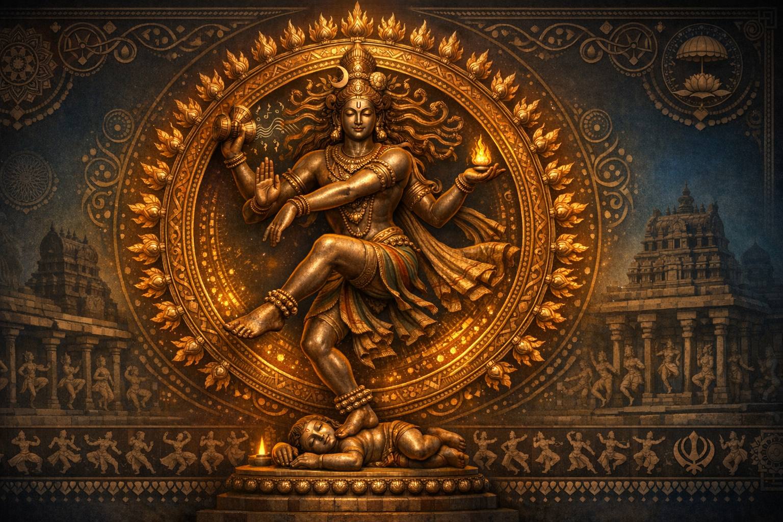Gold-toned depiction of Nataraja, Shiva dancing in a flaming halo; four arms with damaru, flame, and gestures; one foot on the dwarf Apasmara; temple carvings and mandalas fill the background.