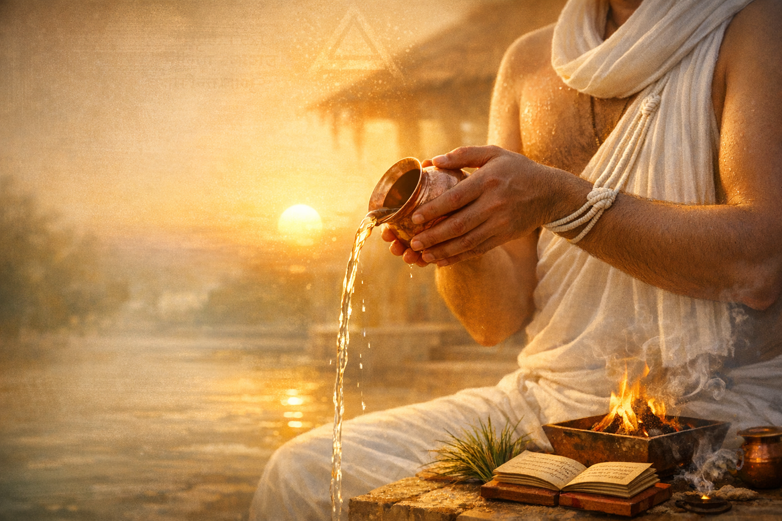 Sunrise at a riverside ghat: a person in white pours water from a copper lota in a ritual by a fire altar, sacred grass, and an open Devanagari text, golden light reflecting on the river.