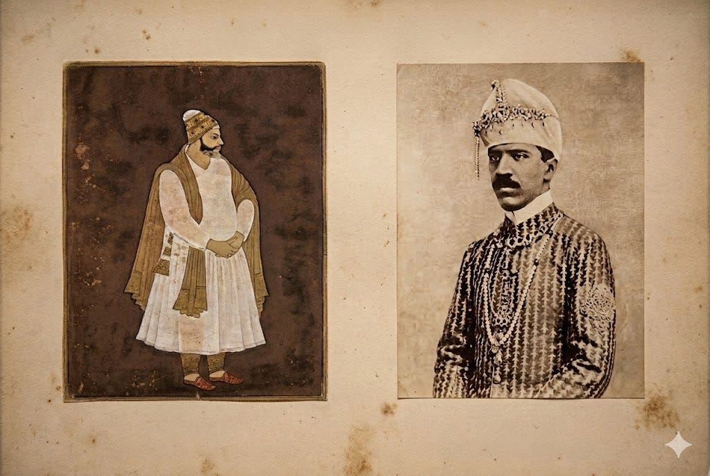Two portraits from Hyderabad's princely era: left, a miniature of a noble in white robes; right, a sepia photo of a turbaned royal in jeweled attire, evoking Nizam-era regalia and history.