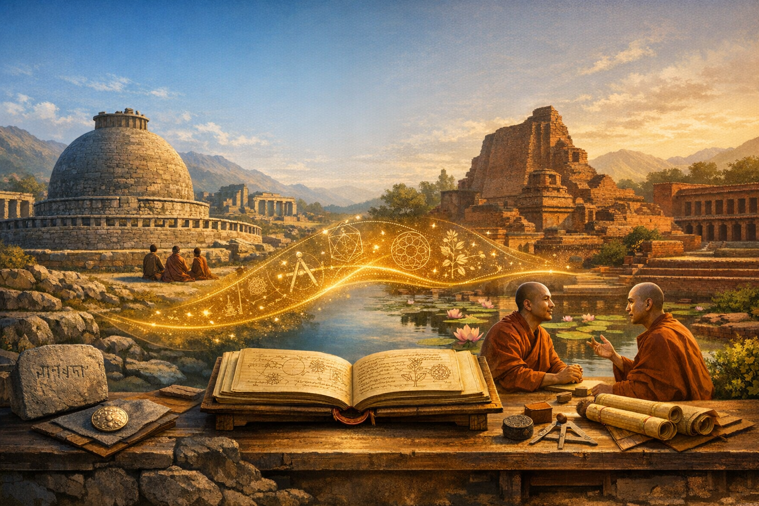 Monks confer by a lotus pond amid ancient Indian ruins and a stone stupa. An open manuscript lies on a table as a golden ribbon of geometric symbols links the sites—history and mathematics.
