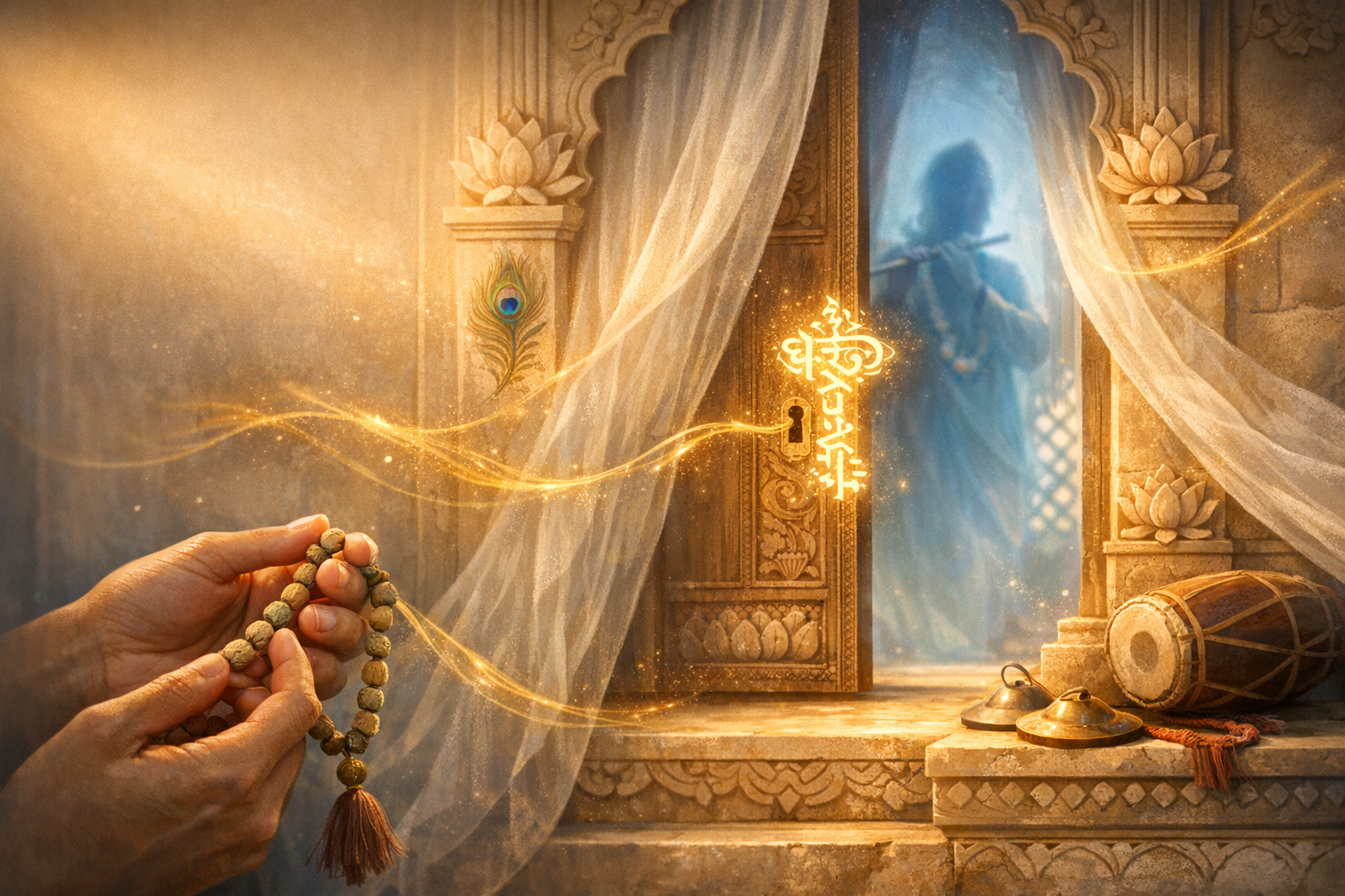 Hands move a japa mala before a lotus-carved temple door where golden light and sacred script stream to a keyhole; beyond the curtain, a flute-playing figure shimmers, with mridanga and cymbals.