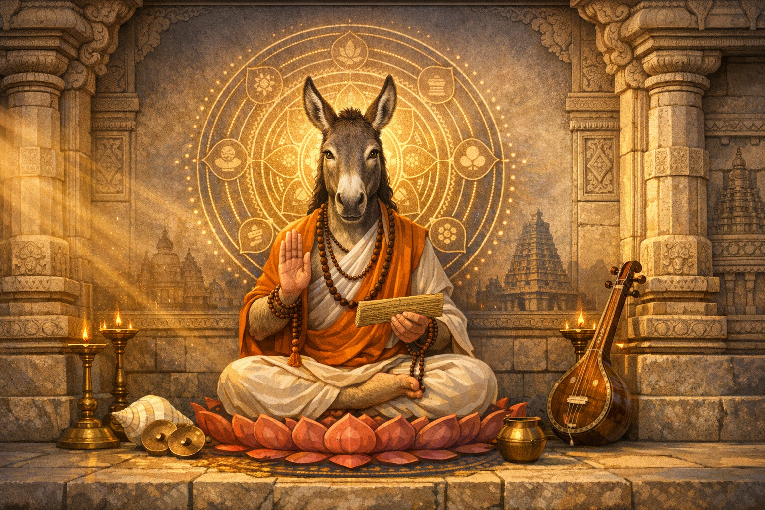 Donkey-headed sage in saffron robes sits on a lotus in a carved stone temple, haloed by a golden mandala, holding a palm-leaf script beside oil lamps, a veena, a conch, and a brass pot.