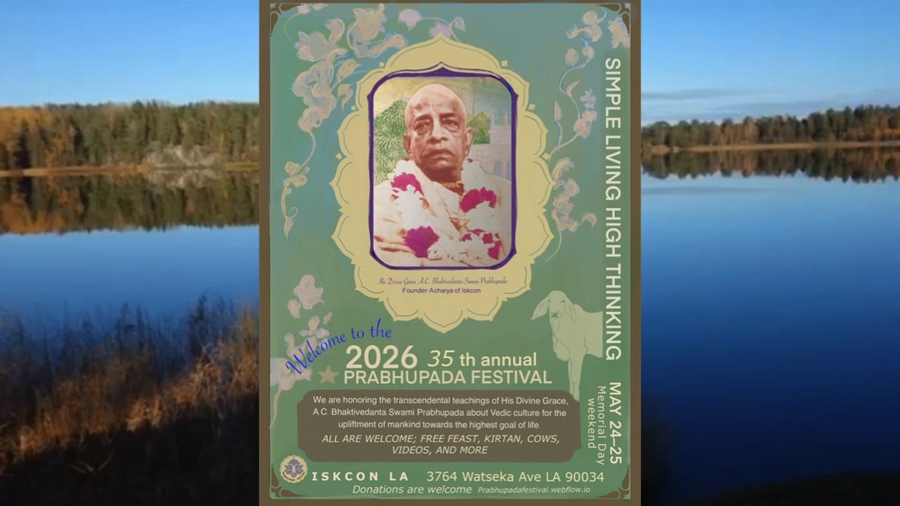 Poster for the 35th annual devotional festival in Los Angeles, May 24–25 (Memorial Day weekend) at ISKCON LA. Shows a floral portrait with details for kirtan, free feast, cows, and videos; testing.