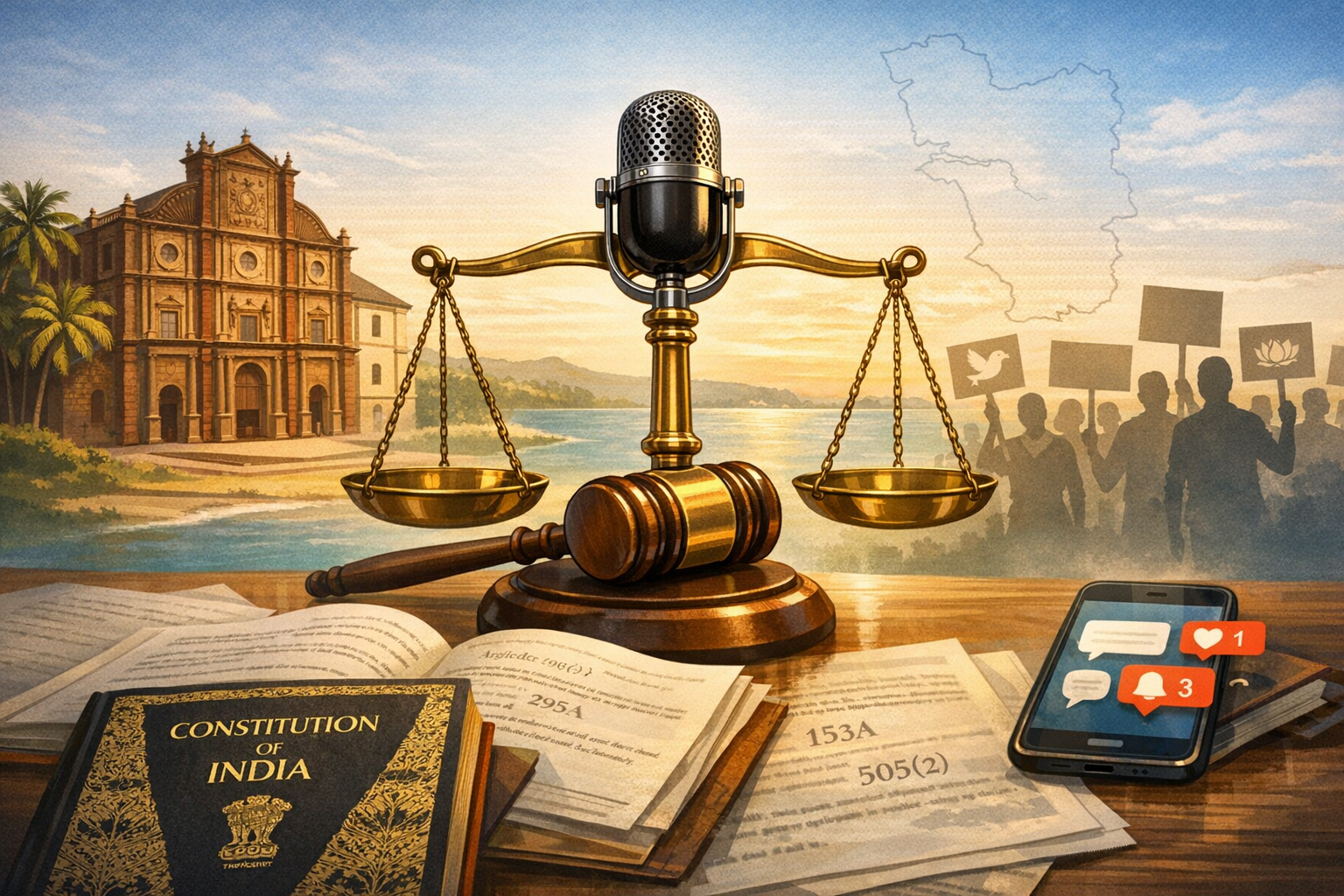 Desk with the Constitution of India, IPC 153A, 295A, 505(2) pages, a gavel and scales with a microphone; behind, a Goan church, state outline, coast, protesters with placards, and a phone with alerts.