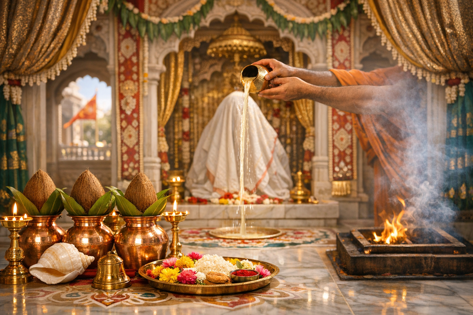 Inside an ornate Hindu temple, a priest pours liquid over a veiled deity during puja; copper kalash with coconuts, brass lamps, flowers, and a sacred fire glow beside a tray of offerings.