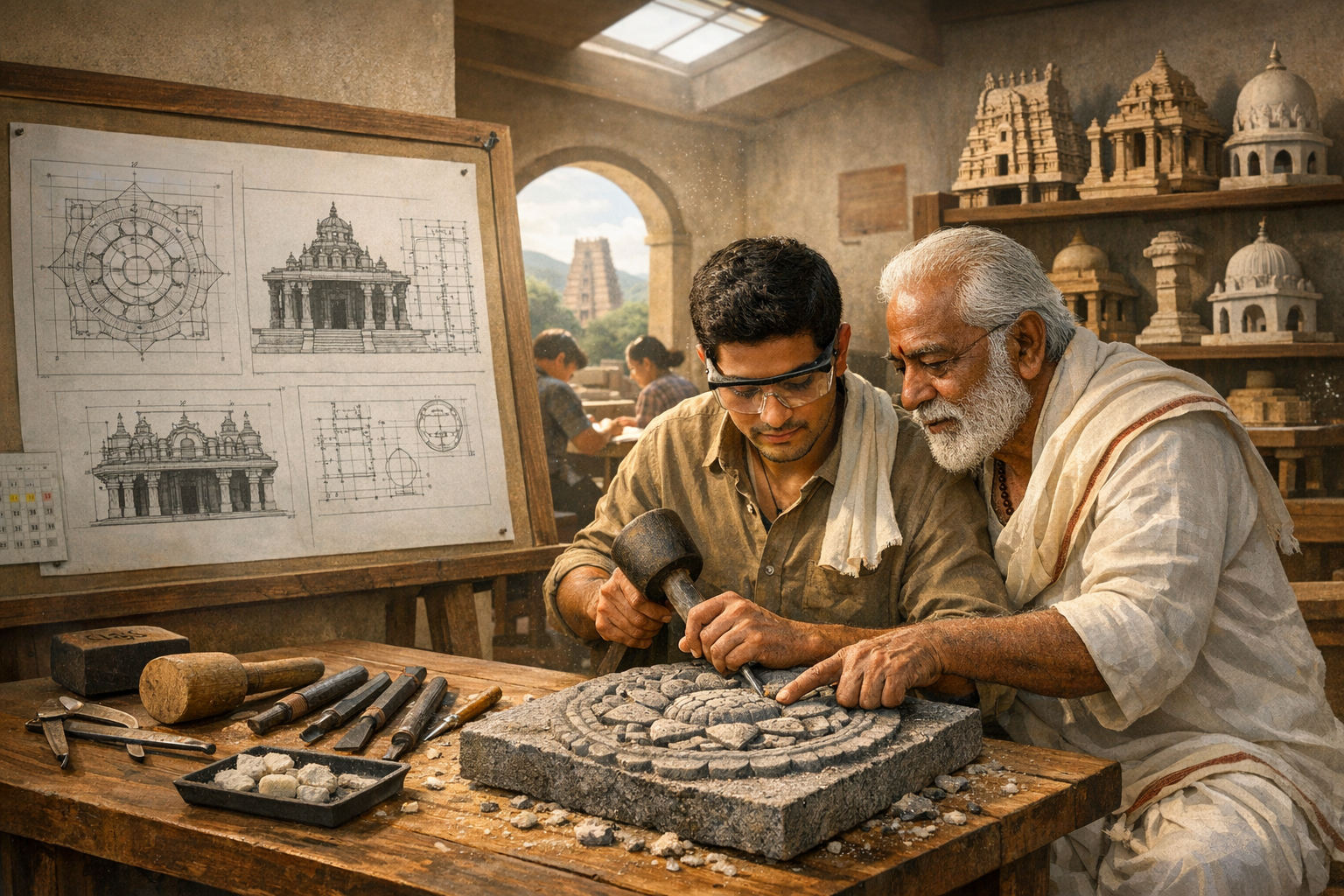 Young artisan chisels a circular stone motif as an elder mentor guides him in a temple-architecture workshop. Blueprints, tools, and scale models surround them, highlighting heritage stone-carving art.