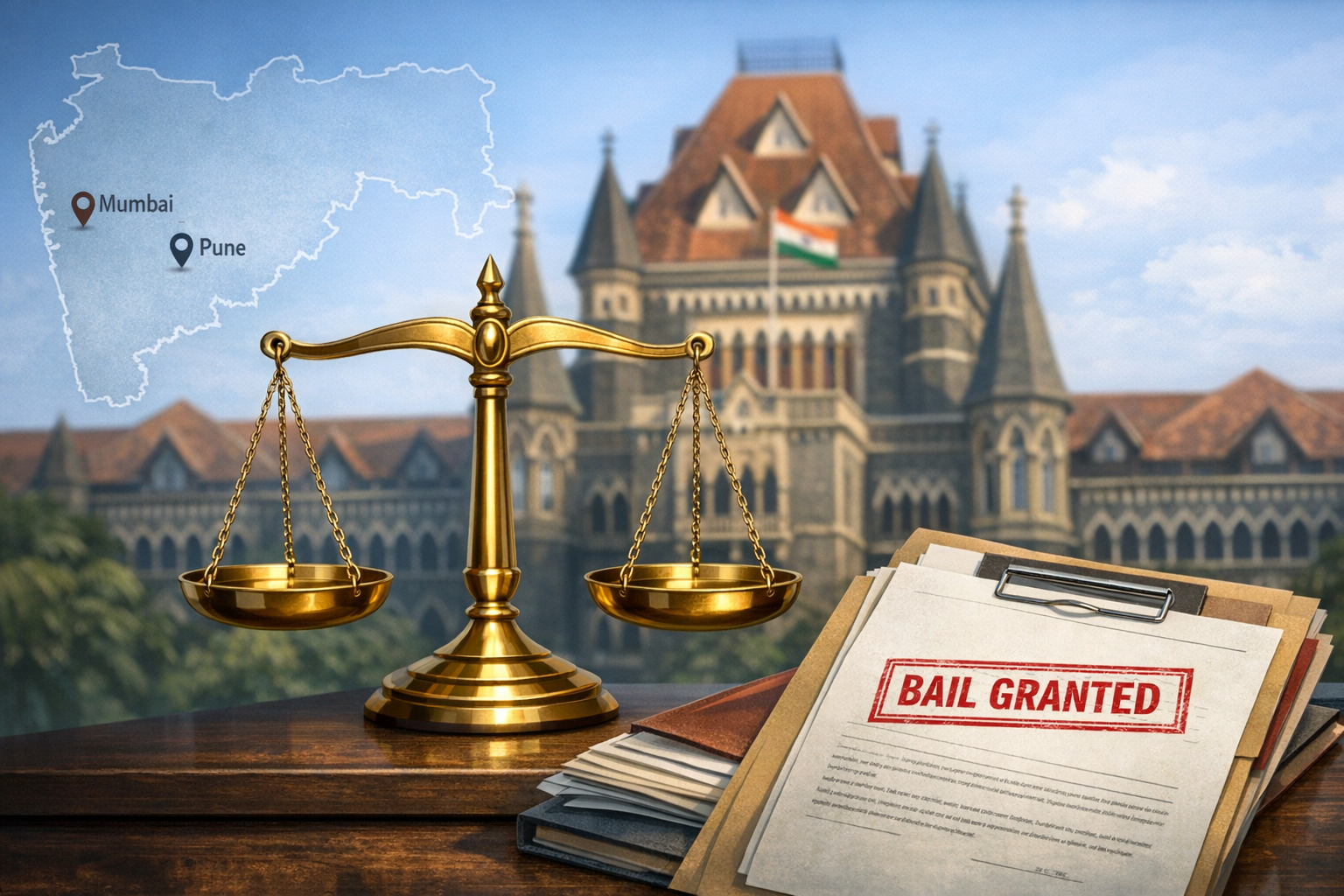 Golden scales of justice on a wooden desk before a high court in Maharashtra, with a state map marking Mumbai and Pune and a file stamped BAIL GRANTED, illustrating a recent court bail order.