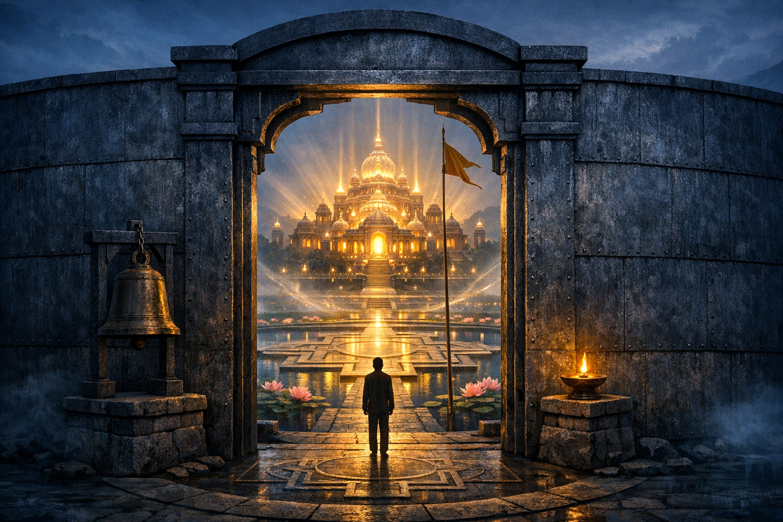 Through a stone gate, a lone figure faces a radiant golden temple across a lotus-lined reflecting pool, with a hanging bell and oil lamp framing the path at dusk; fantasy architecture scene.