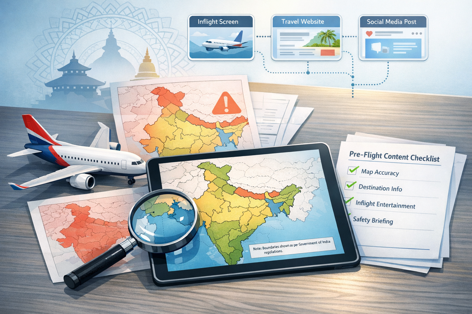 Aviation desk illustration: airplane model, magnifier, and tablet showing a color-coded India map; printed maps, alert, pre-flight checklist; links to inflight screen, travel site, social posts.