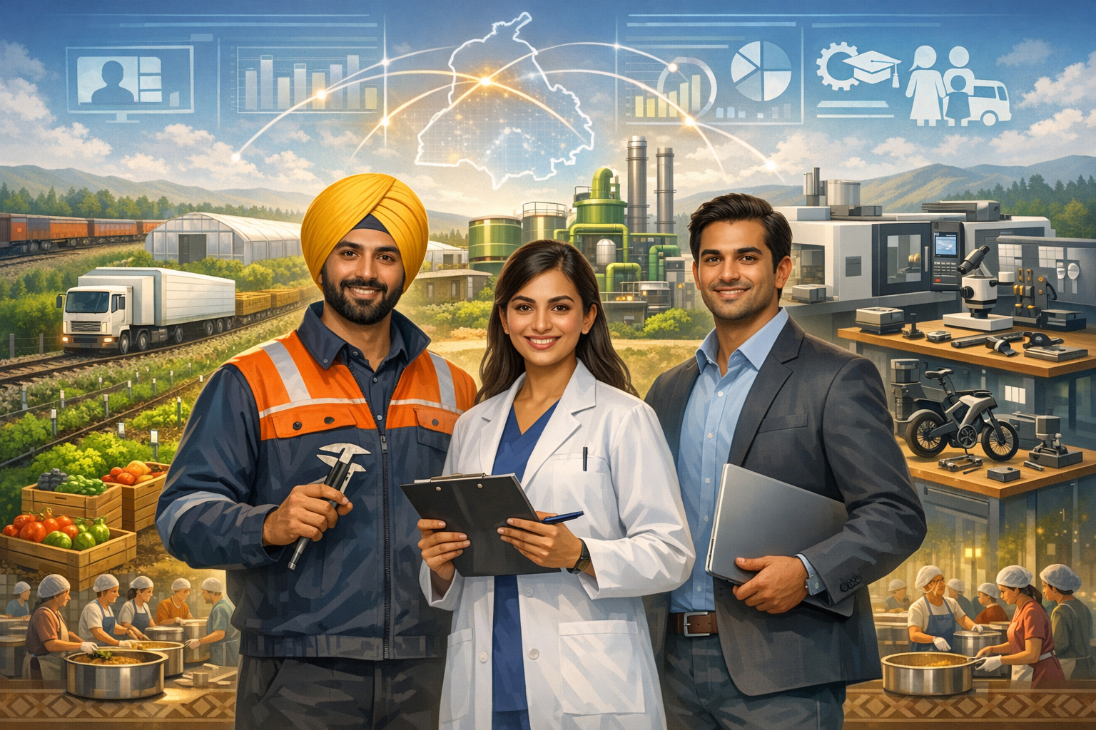 Three professionals - engineer in safety gear, healthcare scientist in lab coat, and business analyst - stand before farms, factories, rail, trucks, and a glowing Punjab map with data icons.