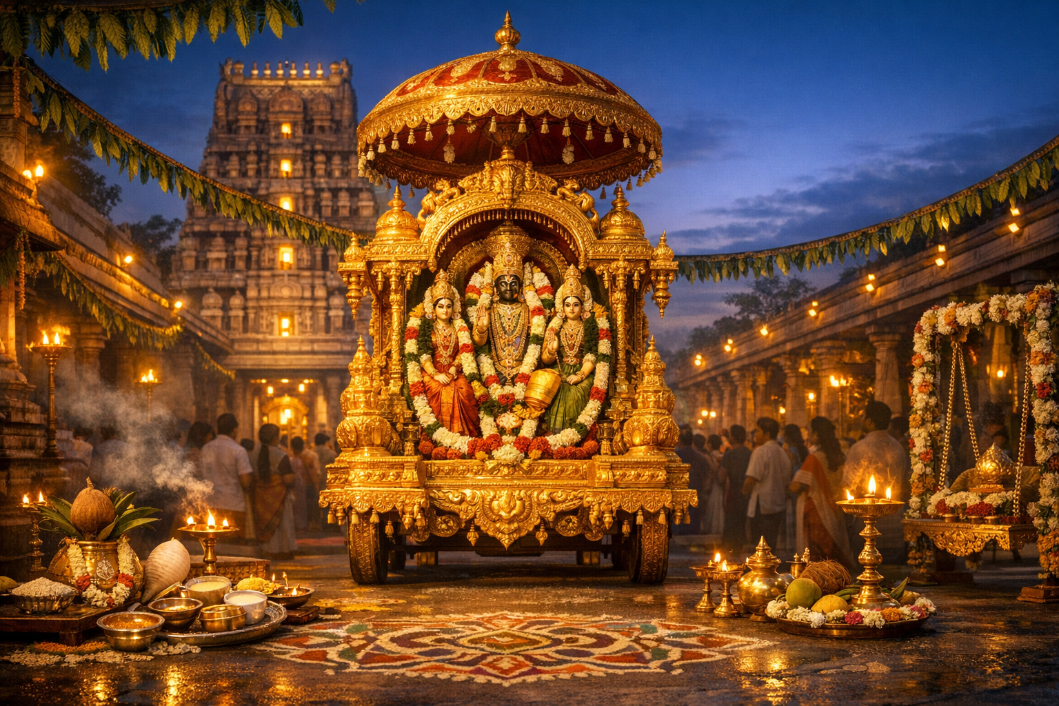 Ornate golden ratha with Vishnu flanked by Sridevi and Bhudevi, adorned with jasmine-marigold garlands, in a South Indian Hindu temple at dusk, ringed by diyas, rangoli, incense, and brass offerings.