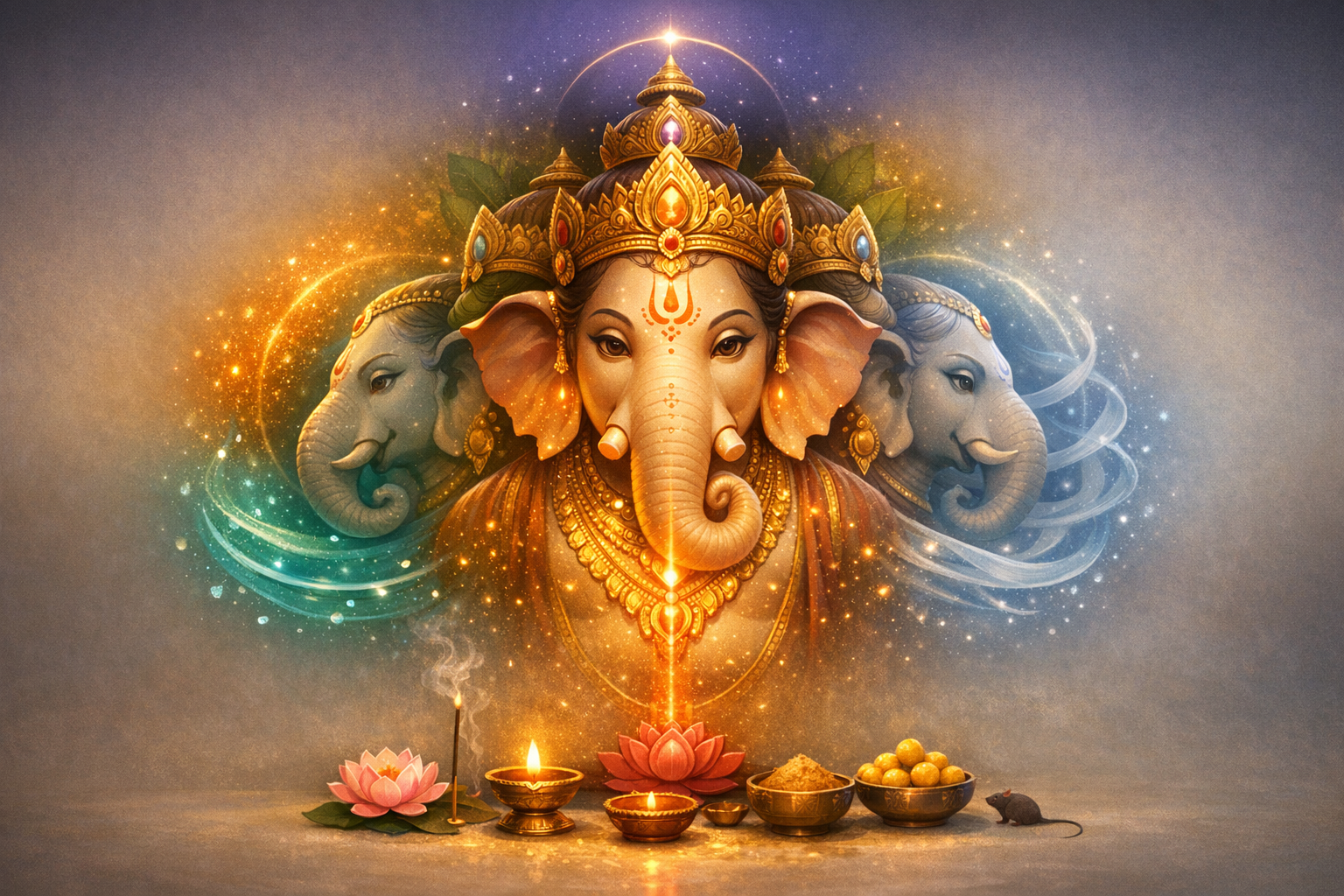 Ethereal illustration of Lord Ganesha in ornate crown, flanked by two elephant profiles, with glowing diyas (oil lamps), incense, lotus, bowls of laddoo and prasad, and a tiny mouse amid cosmic light.