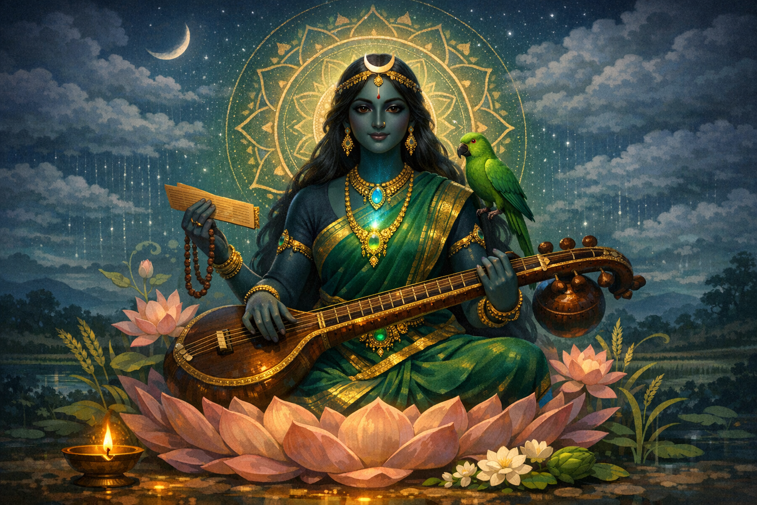 Ornate painting of a goddess seated on a pink lotus, playing a veena, with a green parrot on her arm, golden mandala halo and crescent moon above, oil lamp and blooming lotuses beside a calm lakeshore.