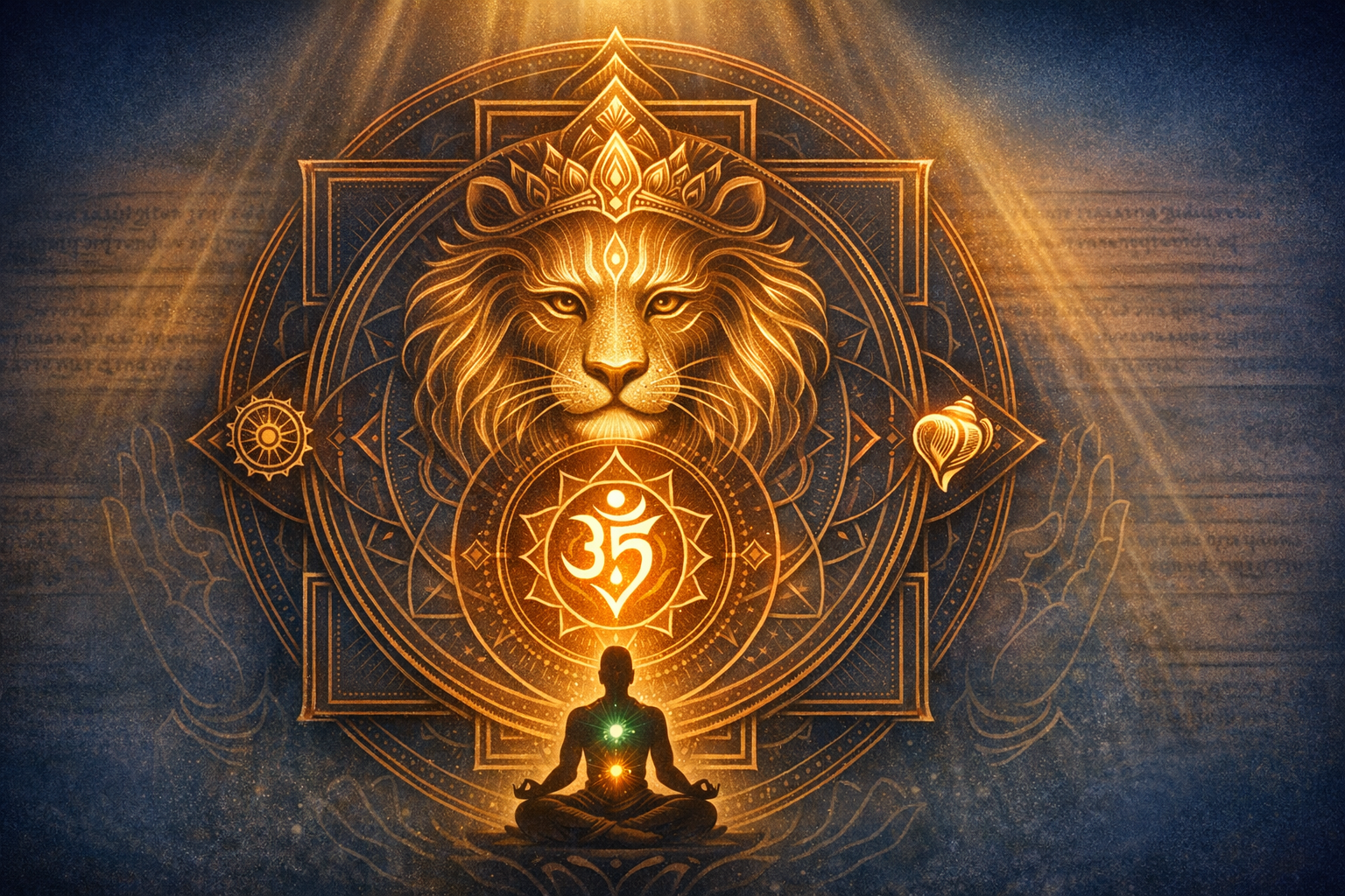 Golden mandala with a lion’s face above a radiant Om; below, a seated meditator displays heart, solar plexus, and sacral chakras. Sunbeams highlight ornate sacred geometry on a deep blue background.