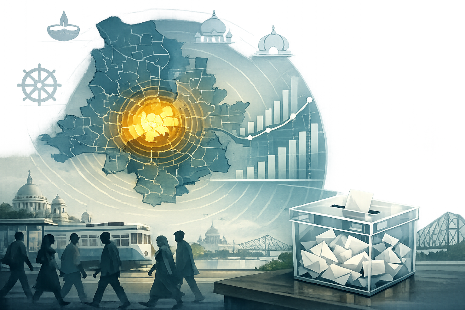 Stylized map of West Bengal with a glowing center, a rising bar chart, and a clear ballot box of envelopes. Silhouettes and a tram pass Kolkata landmarks, from a river bridge to domed buildings.